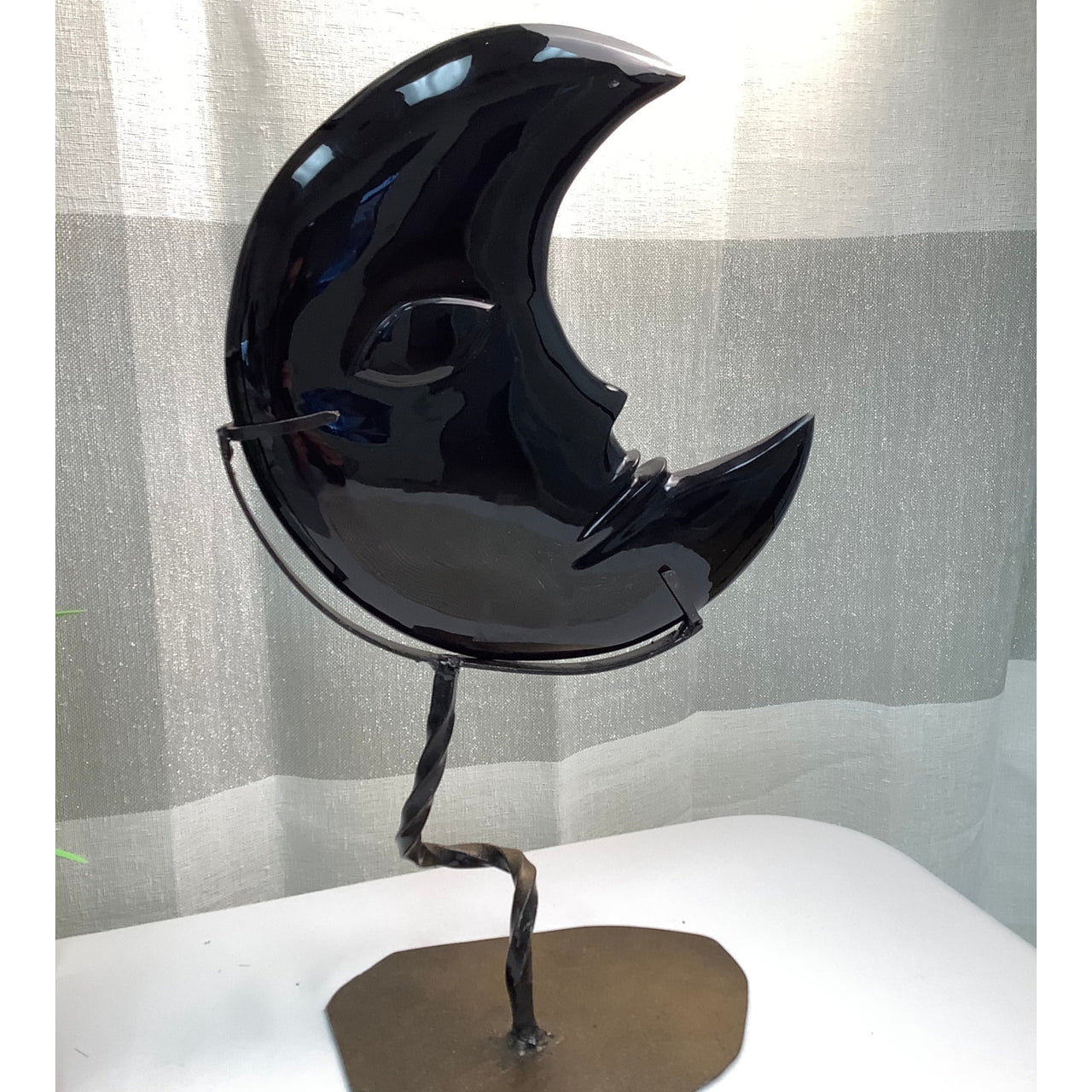 Black Metal Crescent Sculpture - Crescent Moon Black Obsidian #LV0154