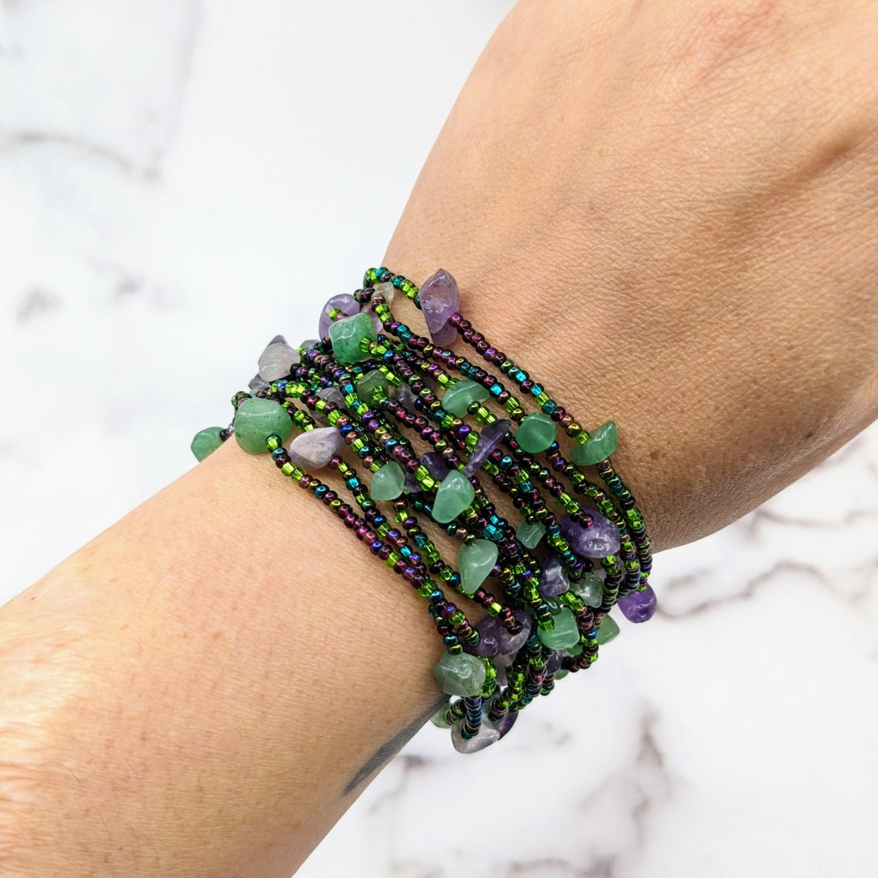 Crystal Beaded 12 Strand 8’ Bracelet w/ Magnet Clasp #LV1805 - Green and Purple