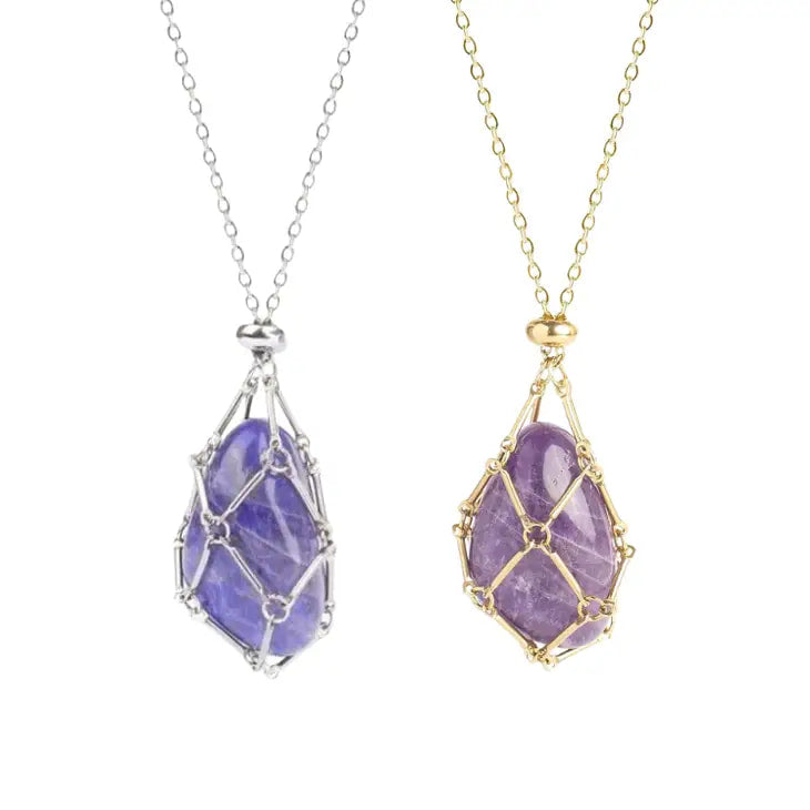 Crystal Holder Necklace & Bracelet #J100: two pendant amethysts in elegant design