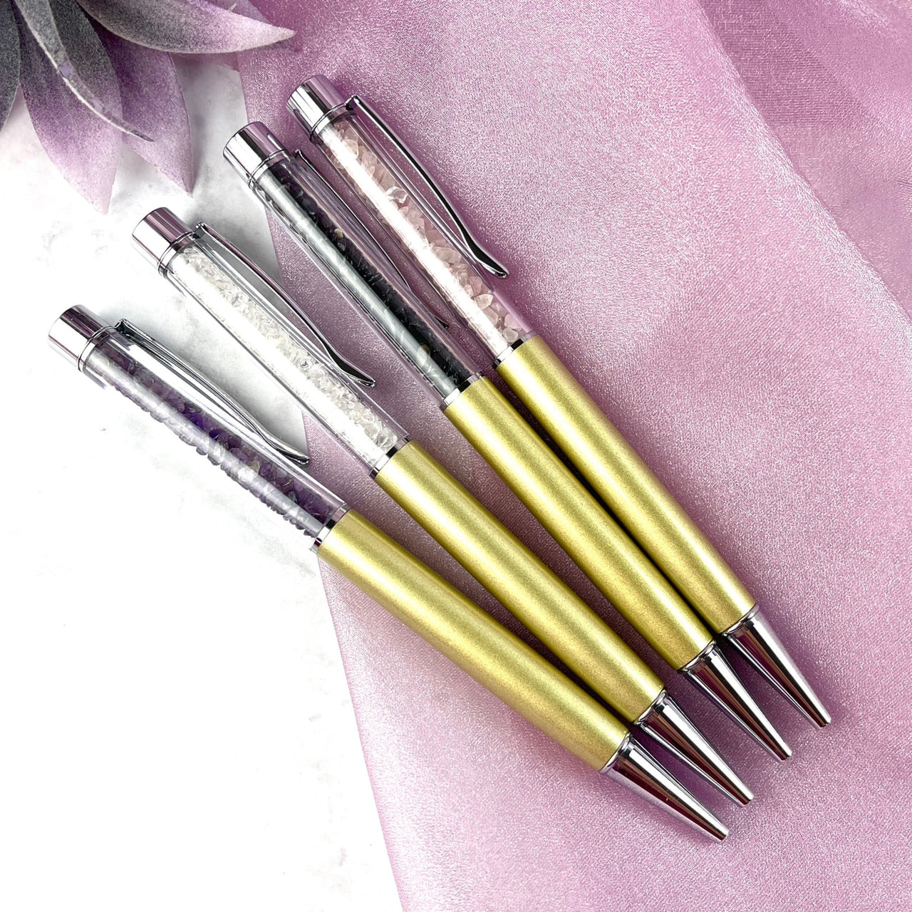 Gold tone and silver fountain pens on pink, Crystal Manifesting Writing Pen #SK9501