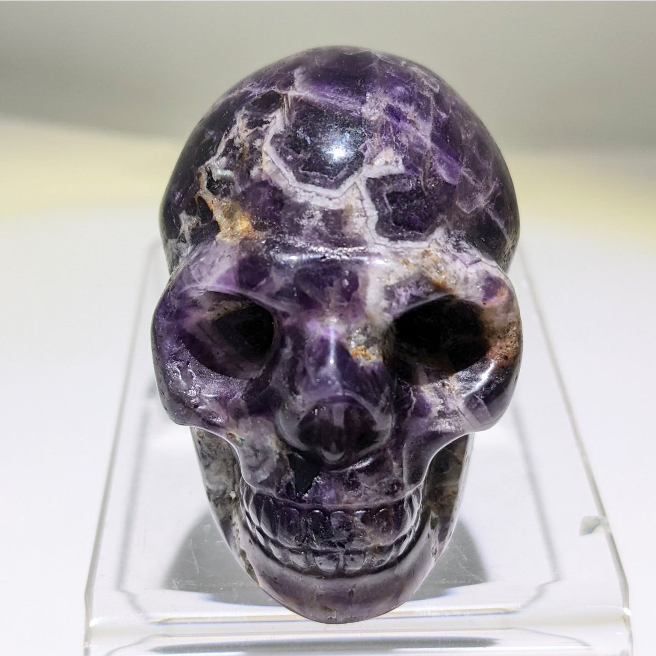 Crystal Skull Carving with Purple Stone on Head - Tigers Eye Healing Decor #C077