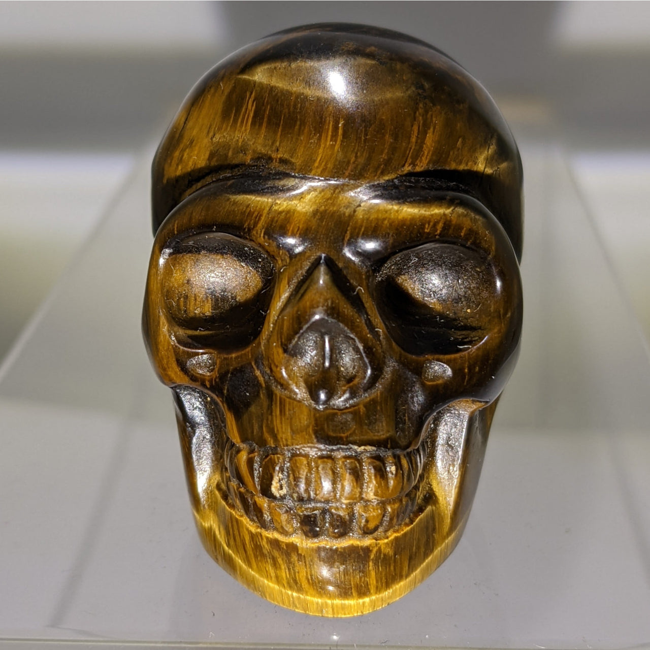 Tiger’s Eye Crystal Skull Carving 1-1.5’ #C077 with intricate skull-on-skull design