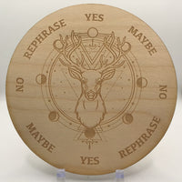 Thumbnail for Deer Moon Phase Etched Wood Pendulum Board with deer head and ’please yes no yes yes’ text