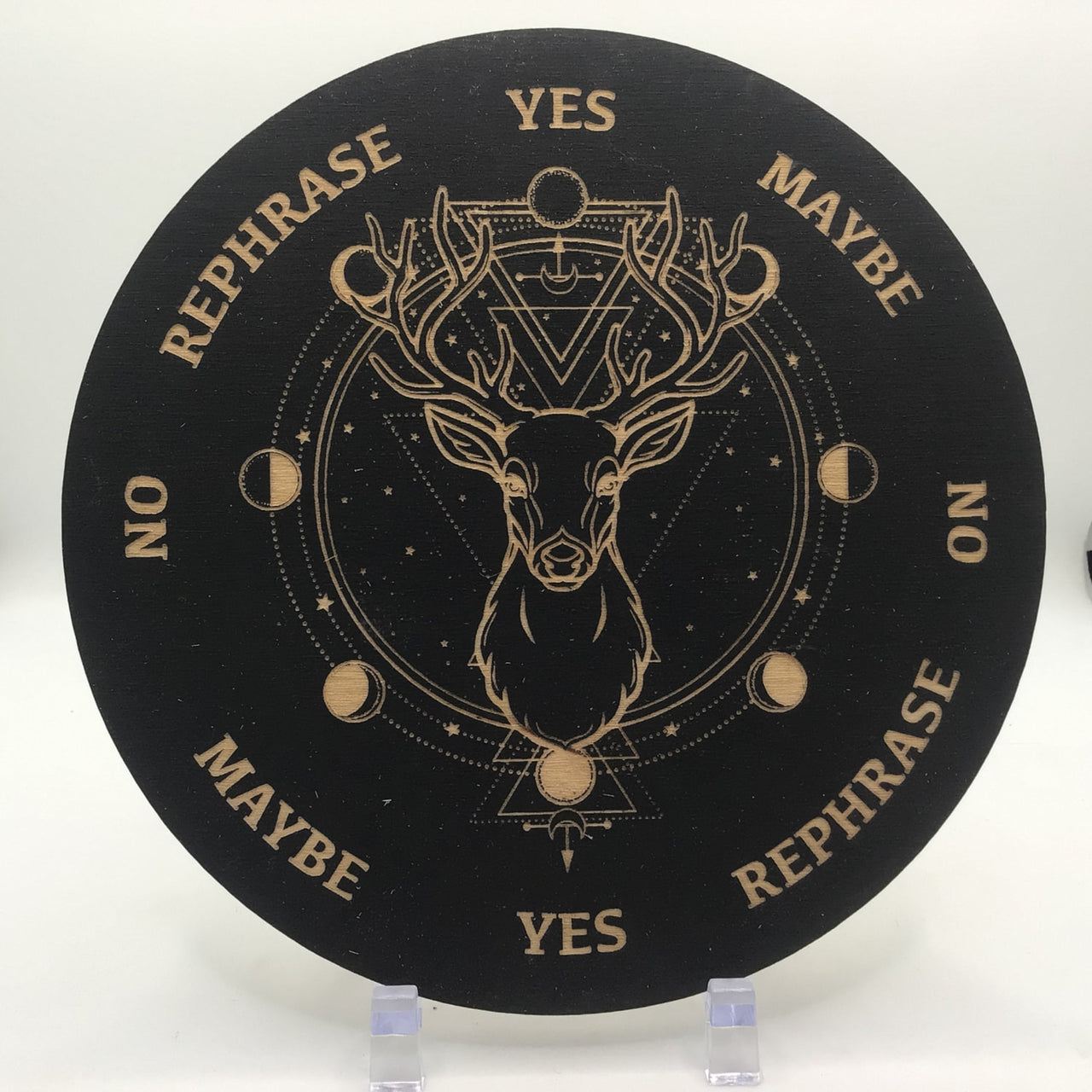 Black and gold Deer Moon Phase Pendulum Board, Etched Wood Plate #SK2203