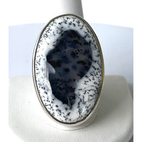 Thumbnail for Dendritic Agate Ring: Close-up of black and white stone set in adjustable silver band