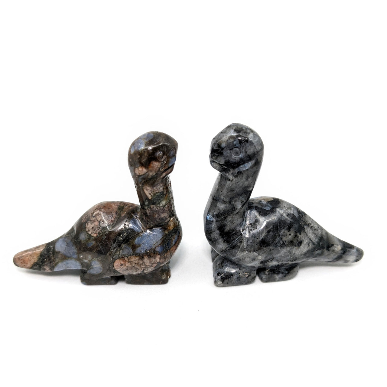 A pair of black and white marble ducks from Dinosaur Carving 2’ (Larvikite) #LV1355 with blue pearl