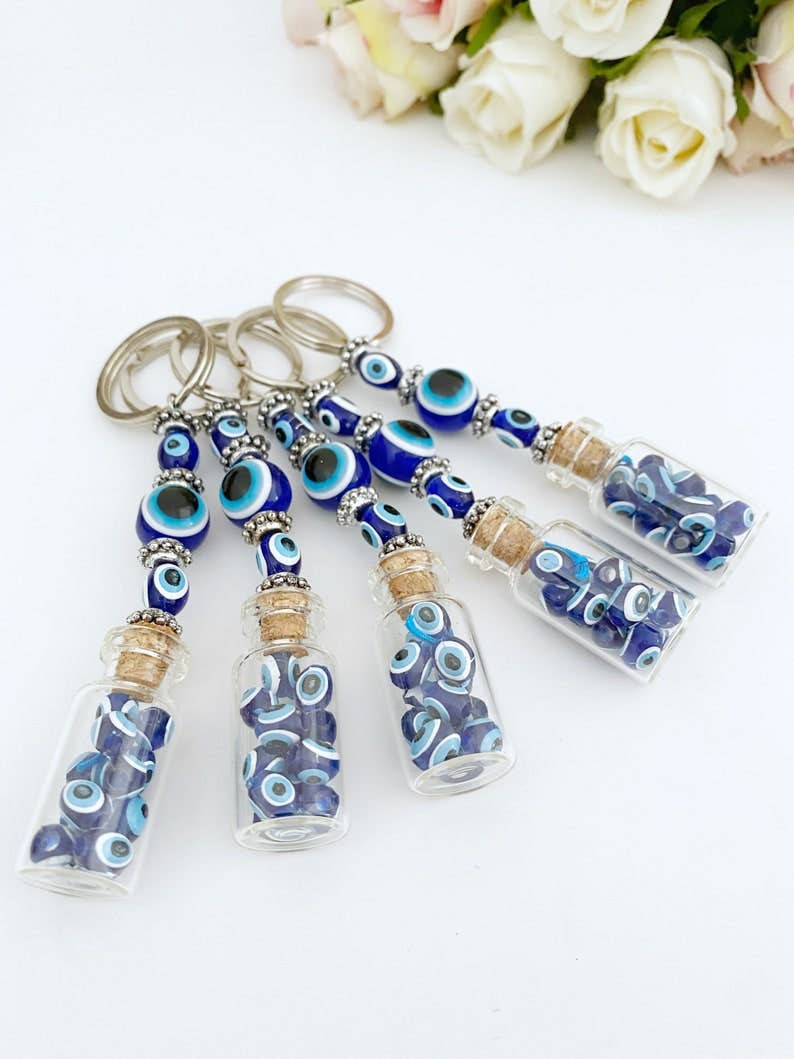 Glass Evil Eye Bottle Keychain, Blue Glass Evil Eye #Q384