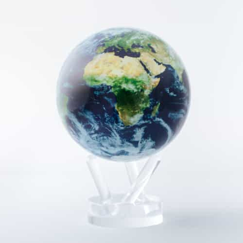 Earth Globe: Small Glass Earth with Clouds on Rotating Mova Globe, 6’ Acrylic Base