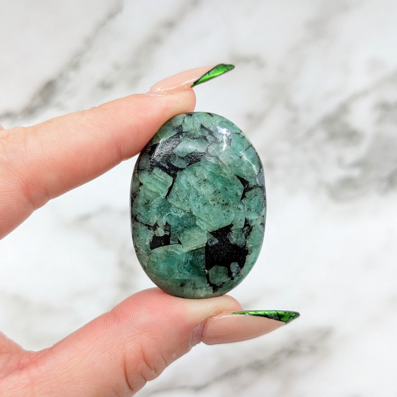 Green and black tourmalite gemstone: Emerald 1.6’ Palmstone #LV4566 - palm stones