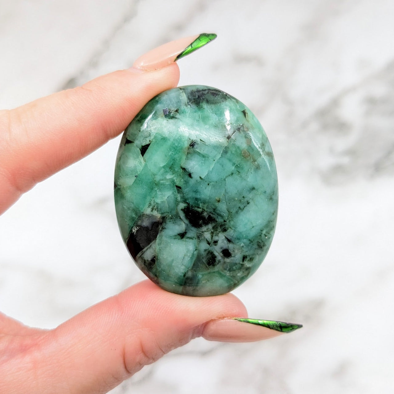 Green jade ball palm stone with leaf - Emerald 1.8’ #LV4564