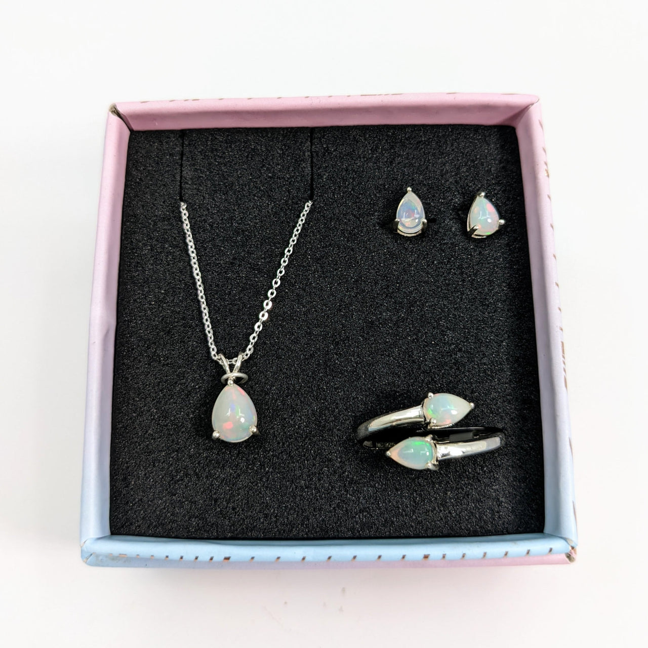 Ethiopian Opal Jewelry Set - Necklace and Ring in Box - 3pc. Sterling Silver #SK9024