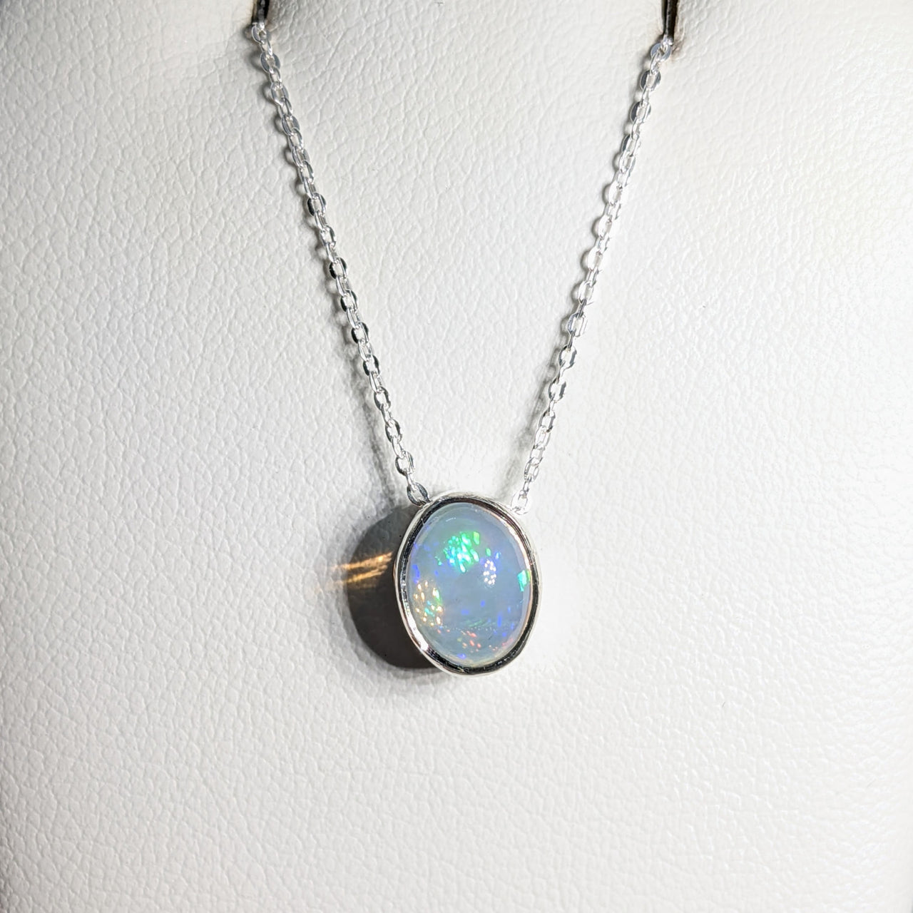 Close-up of a Sterling Silver Necklace with Ethiopian Opal Slider Pendant #SK7302