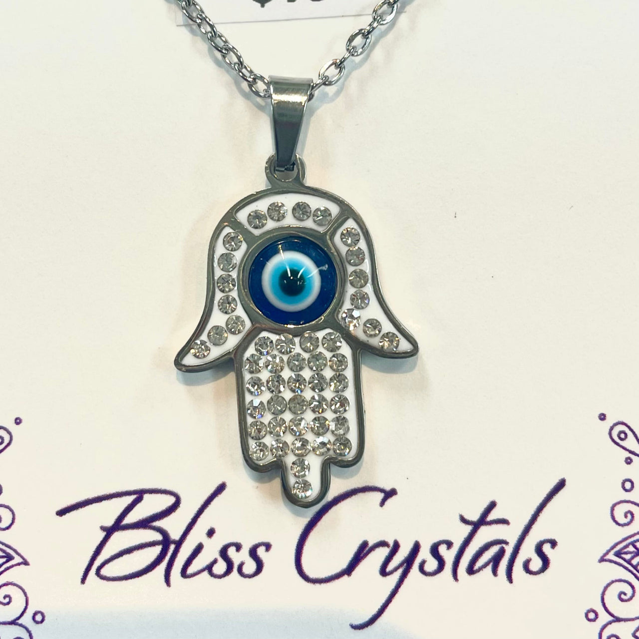 Evil Eye Hamsa Necklace with Blue Eye, Silver Chain - Product J746