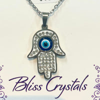 Thumbnail for Evil Eye Hamsa Necklace with Blue Eye, Silver Chain - Product J746