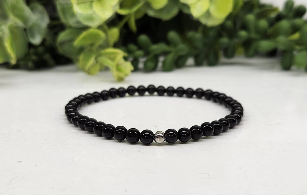 Black Tourmaline Bracelet Small 4mm Beads 7" Length #LV3995