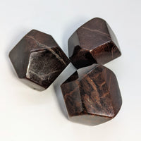 Thumbnail for Faceted Red Garnet Polygon Polished Stone #SK8089 with three brown marble dices on white background