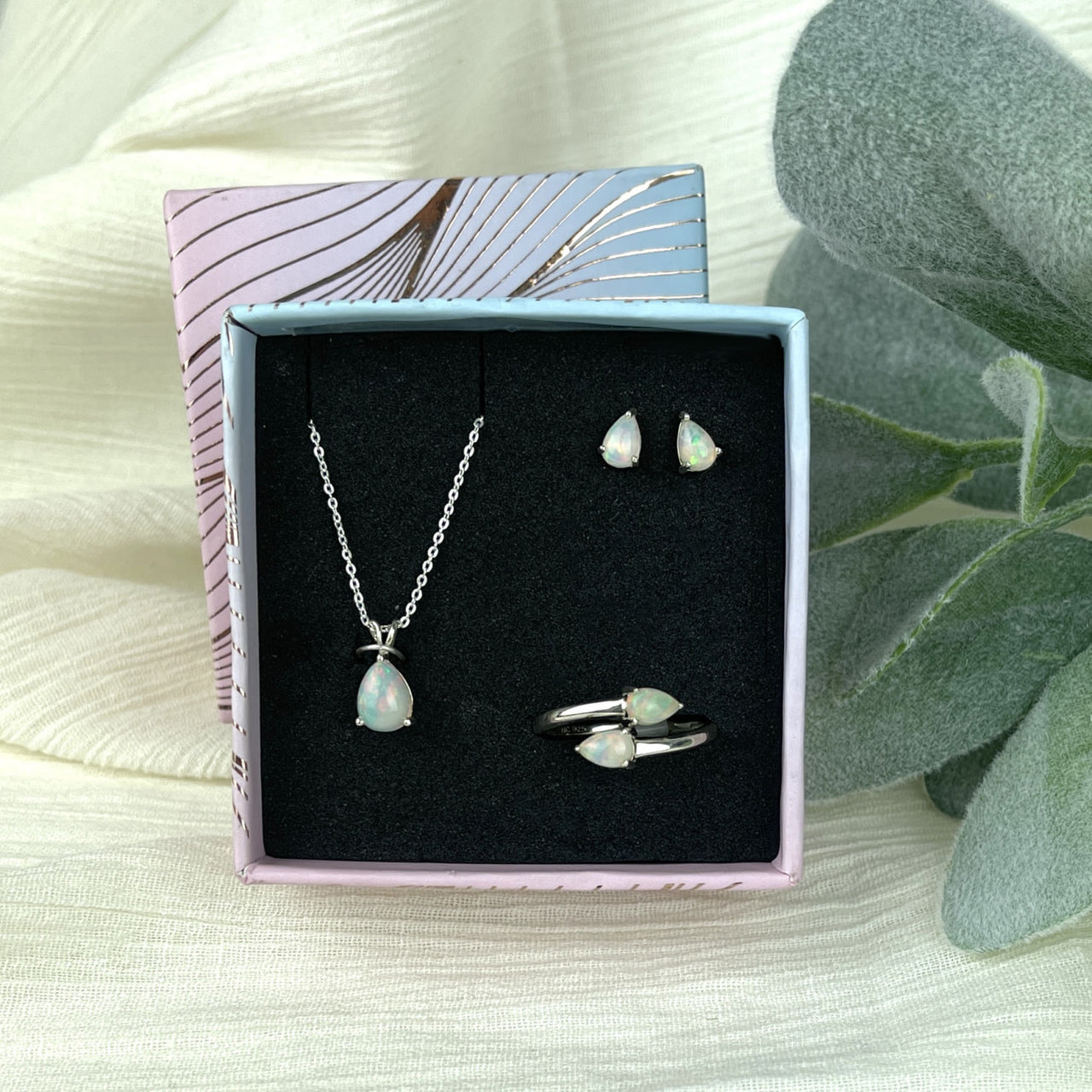 Sterling silver gift set with white mother’s love necklace and Fire Opal pendant