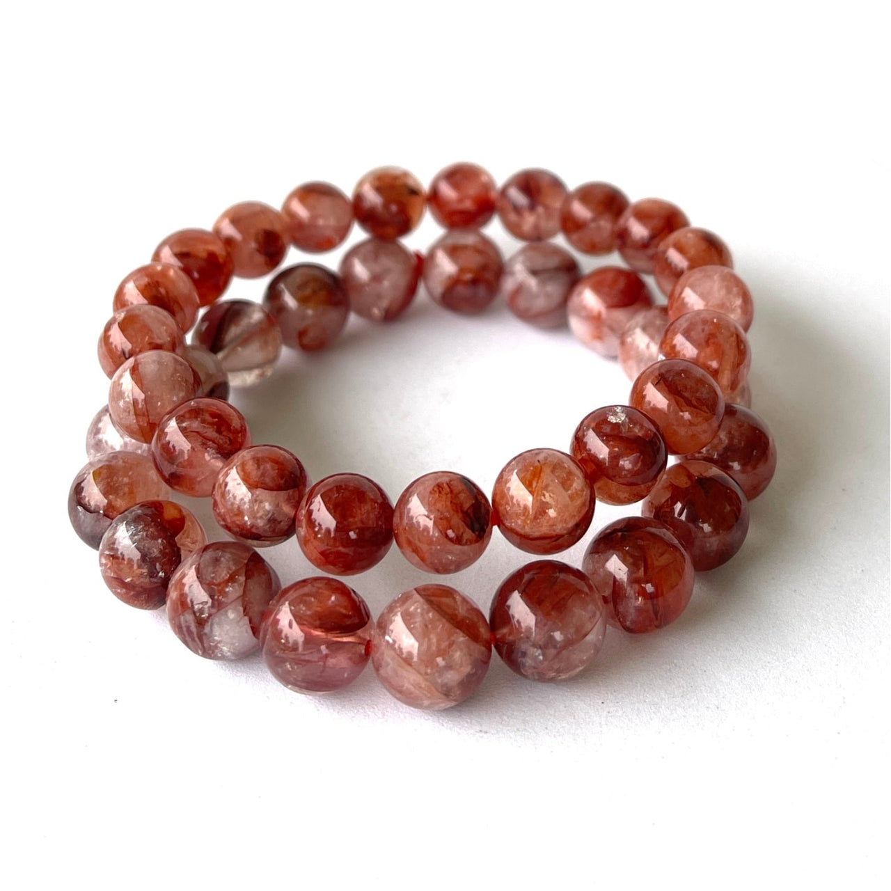 Close-up of Fire Quartz Bracelet with a red Hematoid Quartz bead #VT021