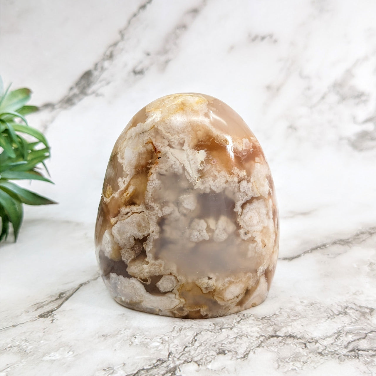 Flower Agate Freeform: Large Brown and White Marble Egg on Marble Counter #LV5267