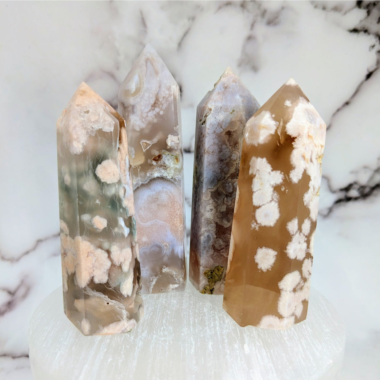 Three Flower Agate quartz towers on marble stand - 3.3-4’ #LV2534