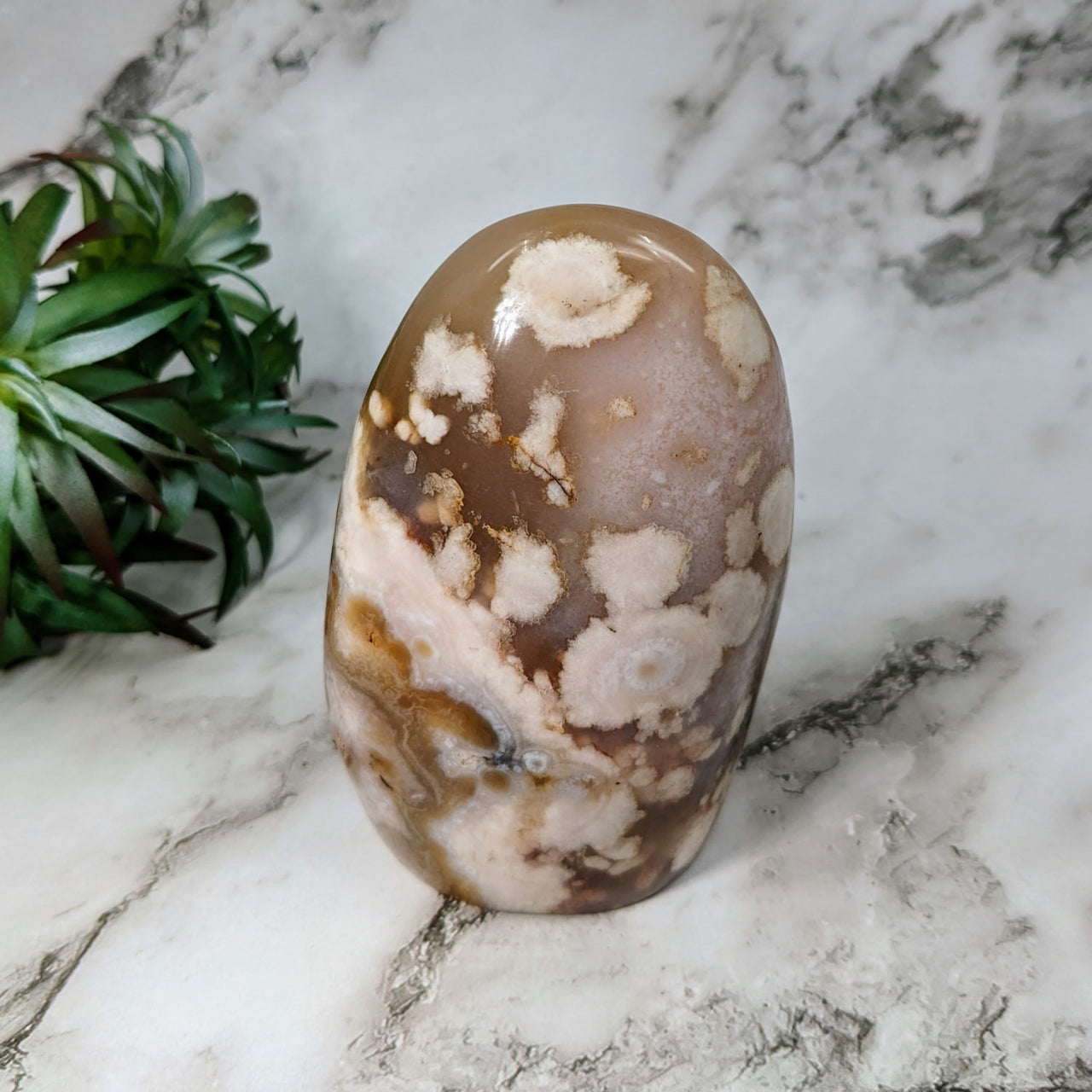 Flower Agate 4’ Freeform #LV5066: Brown and white marble egg on a marble counter