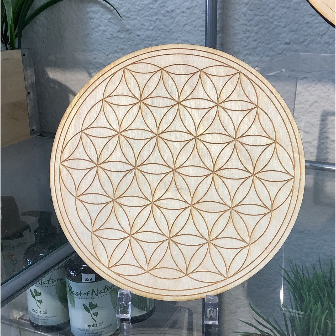 Alder wood plate with intricate flower design - Flower of Life Etched Alder Wood Grid #K048