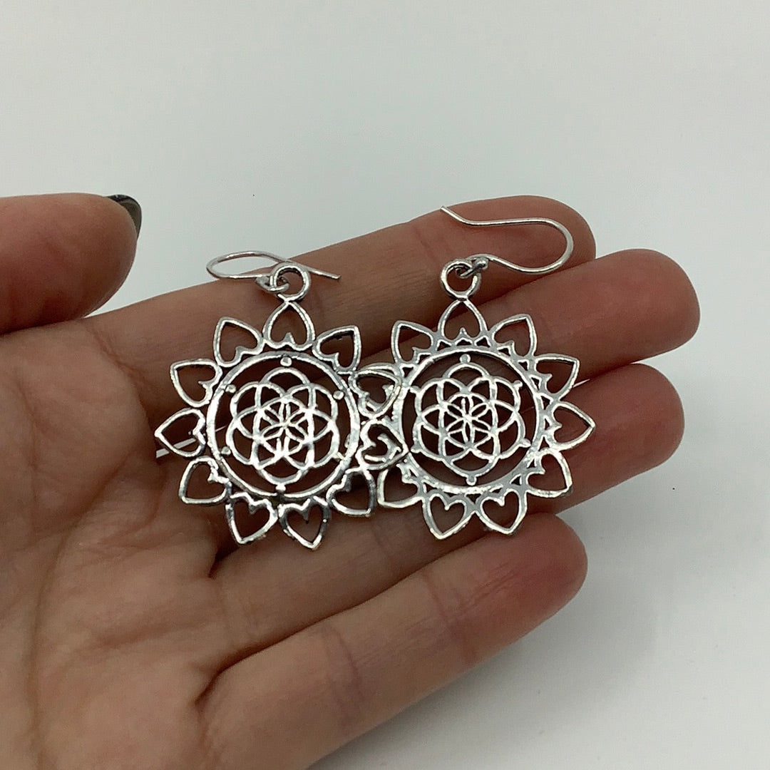 Flower Of Life Heart Mandala Brass Earrings with Flower Design - #LV0190, 7 gm, 1.9