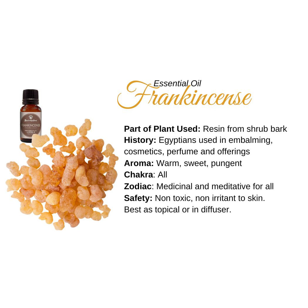 Frankincense essential oil bottle with frankincense pieces - Info Card #Q070