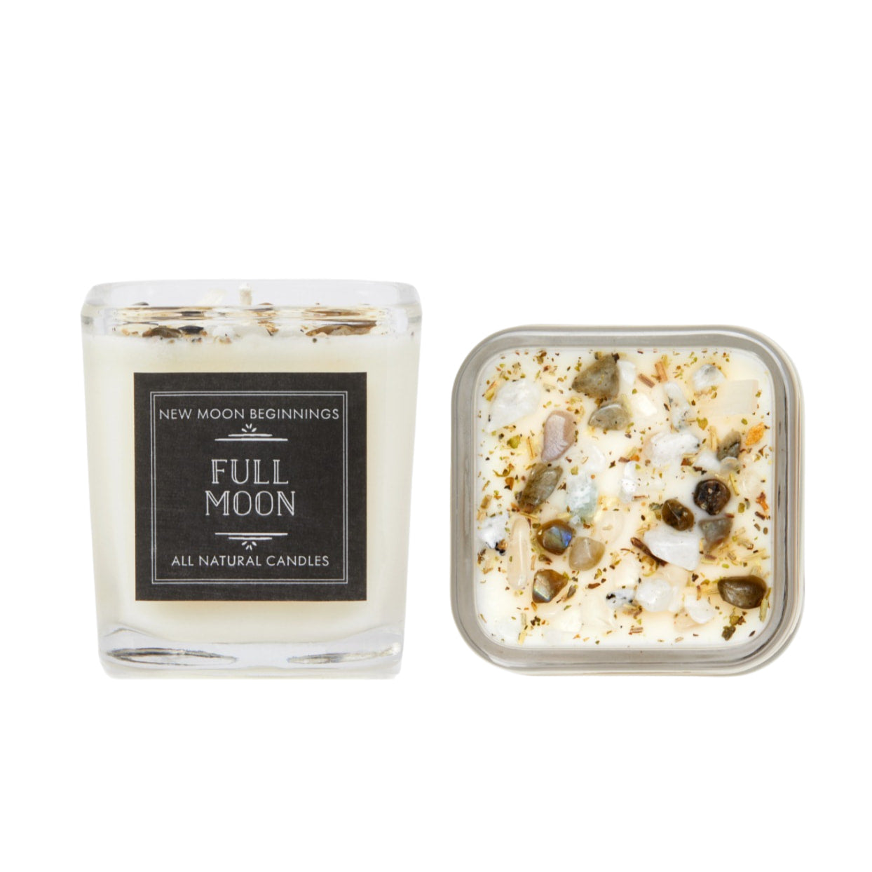 Full Moon Candle: 7.5oz Crystal Candle in a small glass with white and black label