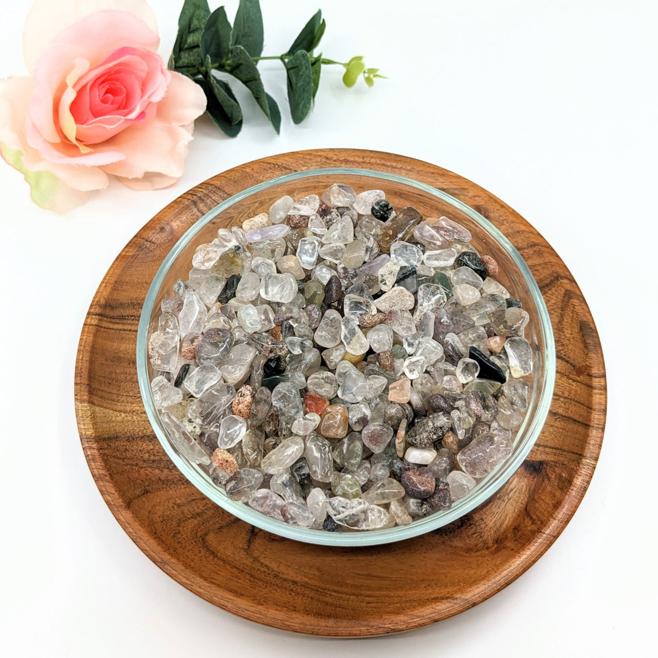 Bowl of Garden Quartz Gravel Mini Chips on wooden plate, 28g Parcel, product #LV3076