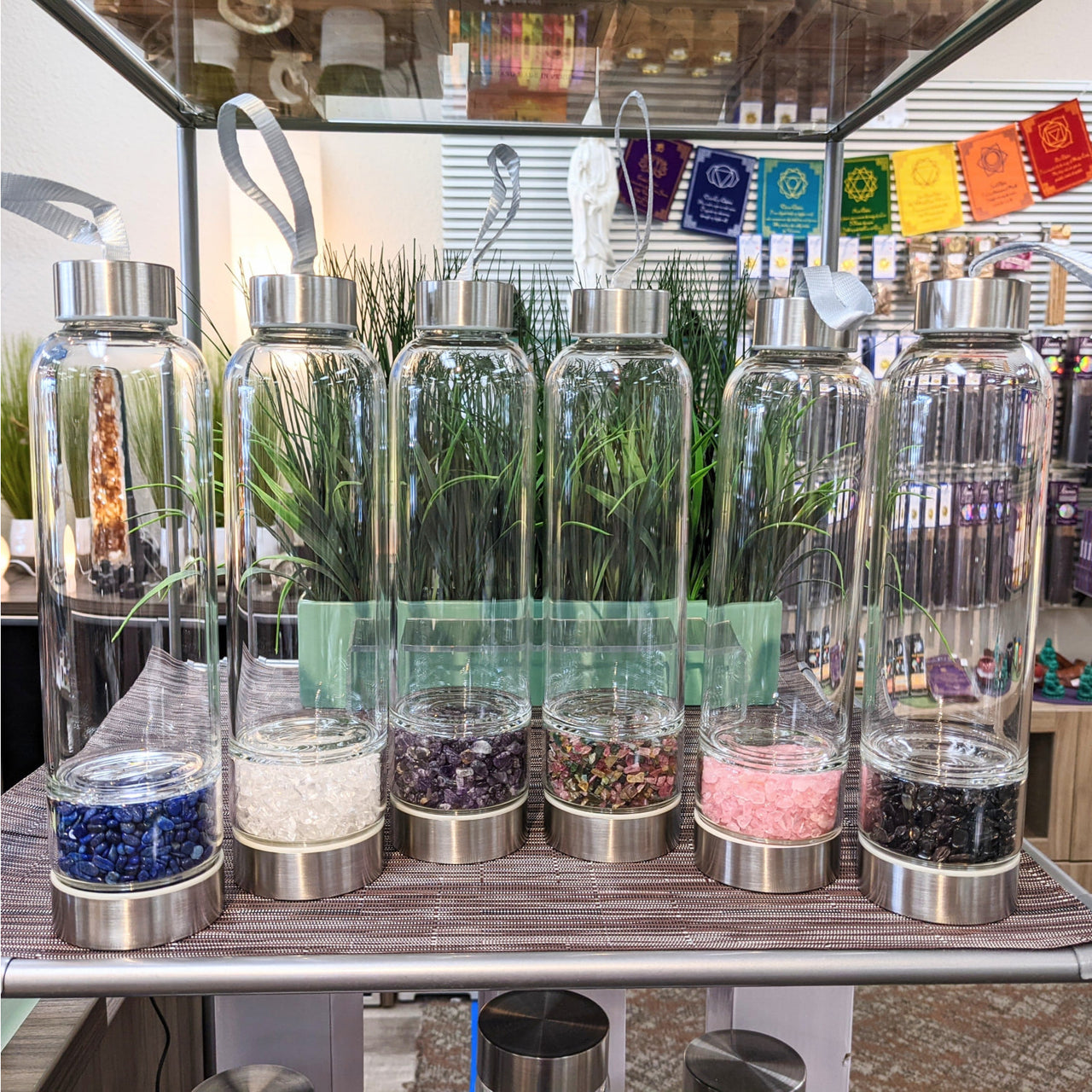 Various plants in glass containers on a table; Gem Elixir Water Bottle w/ Crystals #X003