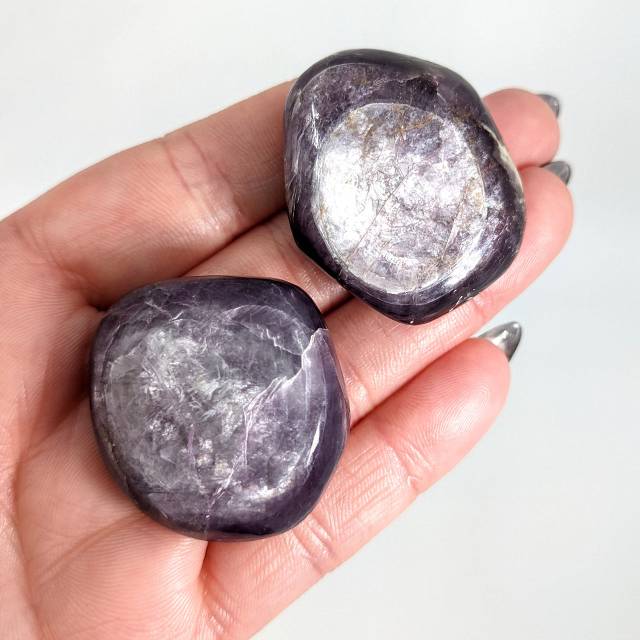 Two large purple quartz tumbled stones in hand - Gem Lepidolite 1.3 - 1.4’ #LV1394