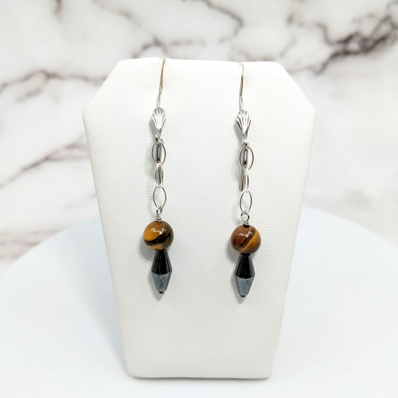 Gold Tiger’s Eye Drop Bead Earrings with Hematite - #SK9507 in Sterling Silver