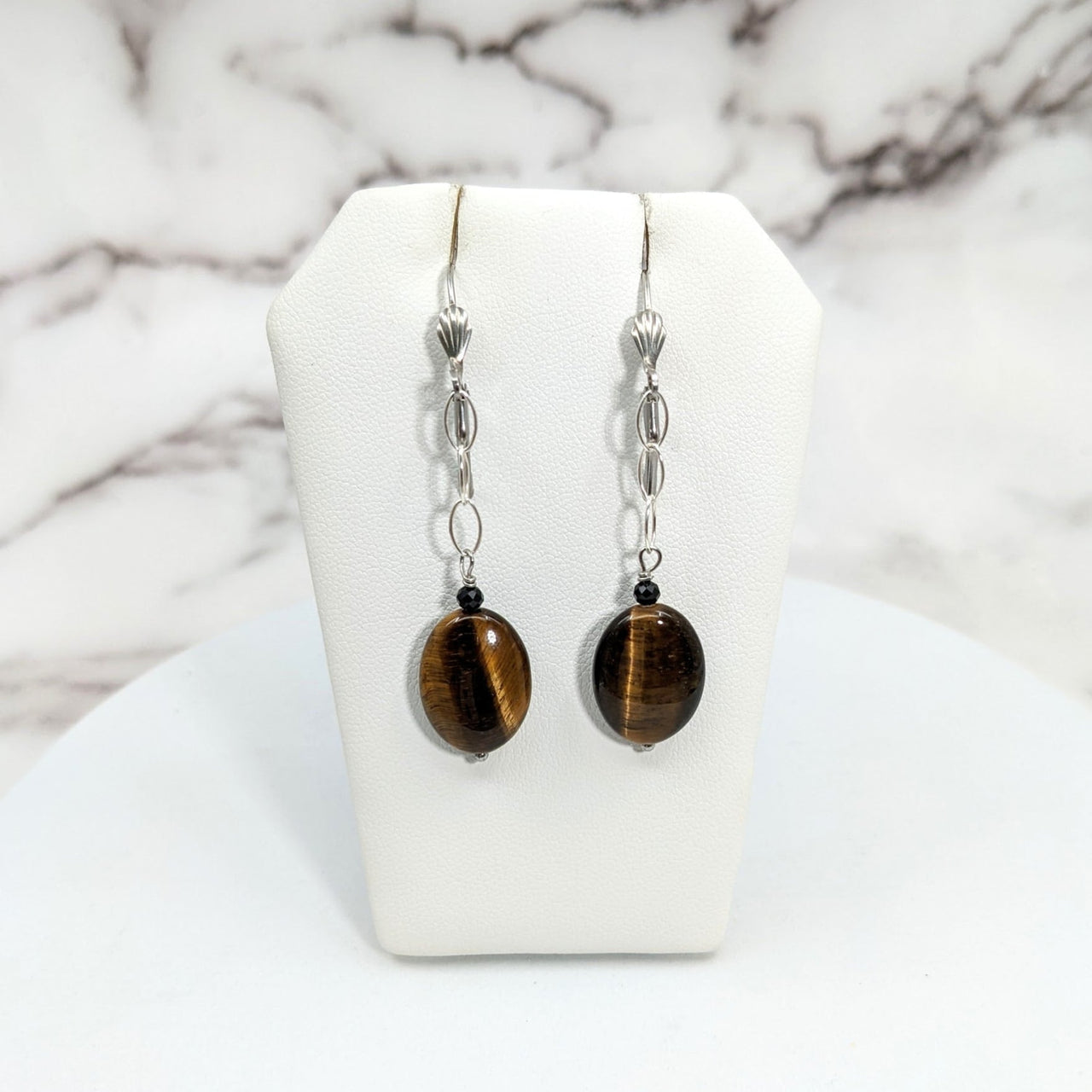 Gold Tiger’s Eye Drop Earrings with Faceted Black Tourmaline in Sterling Silver #SK9506