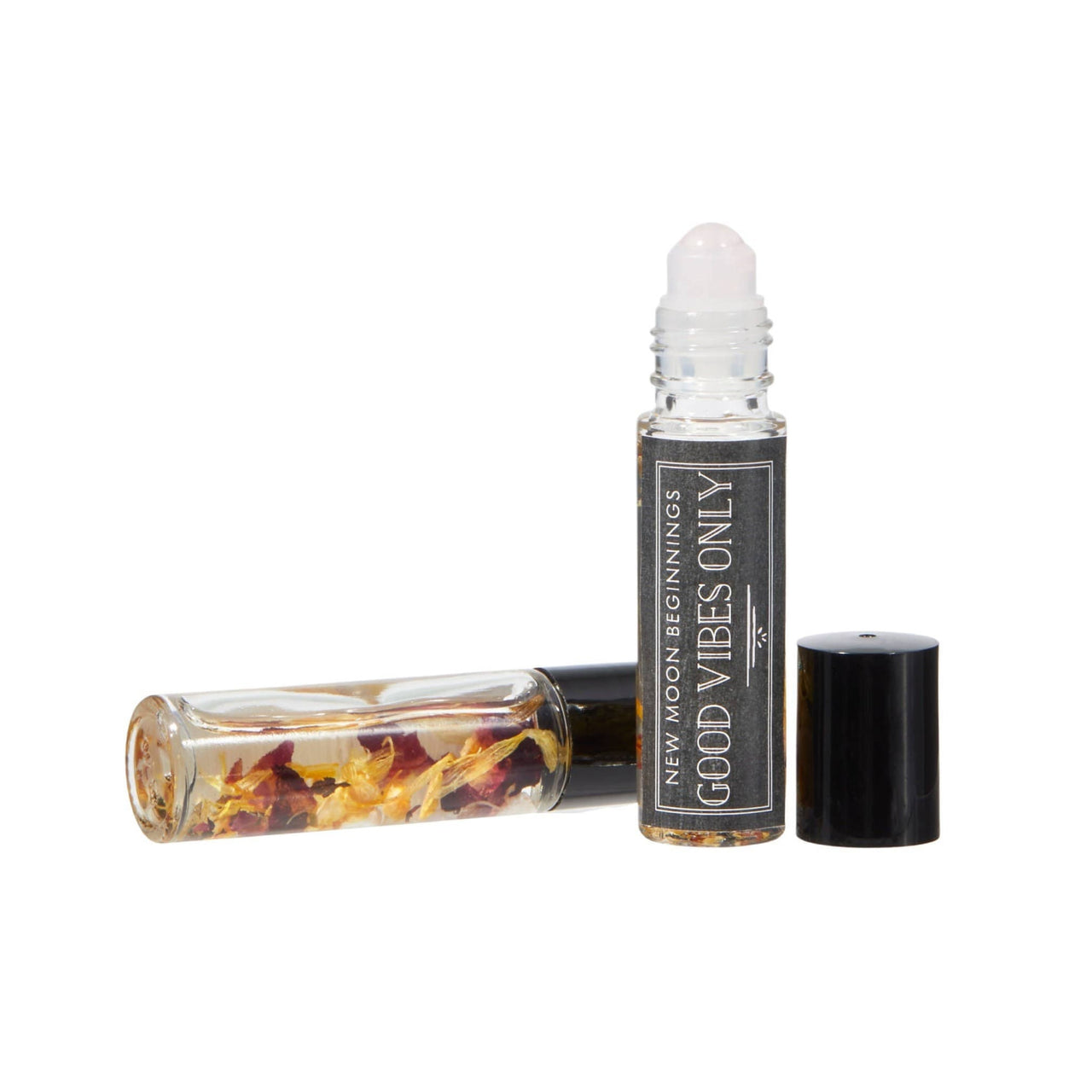 Close-up of Good Luck: Intention Roll on Perfume with organic jojoba oil base, Crystal Infused