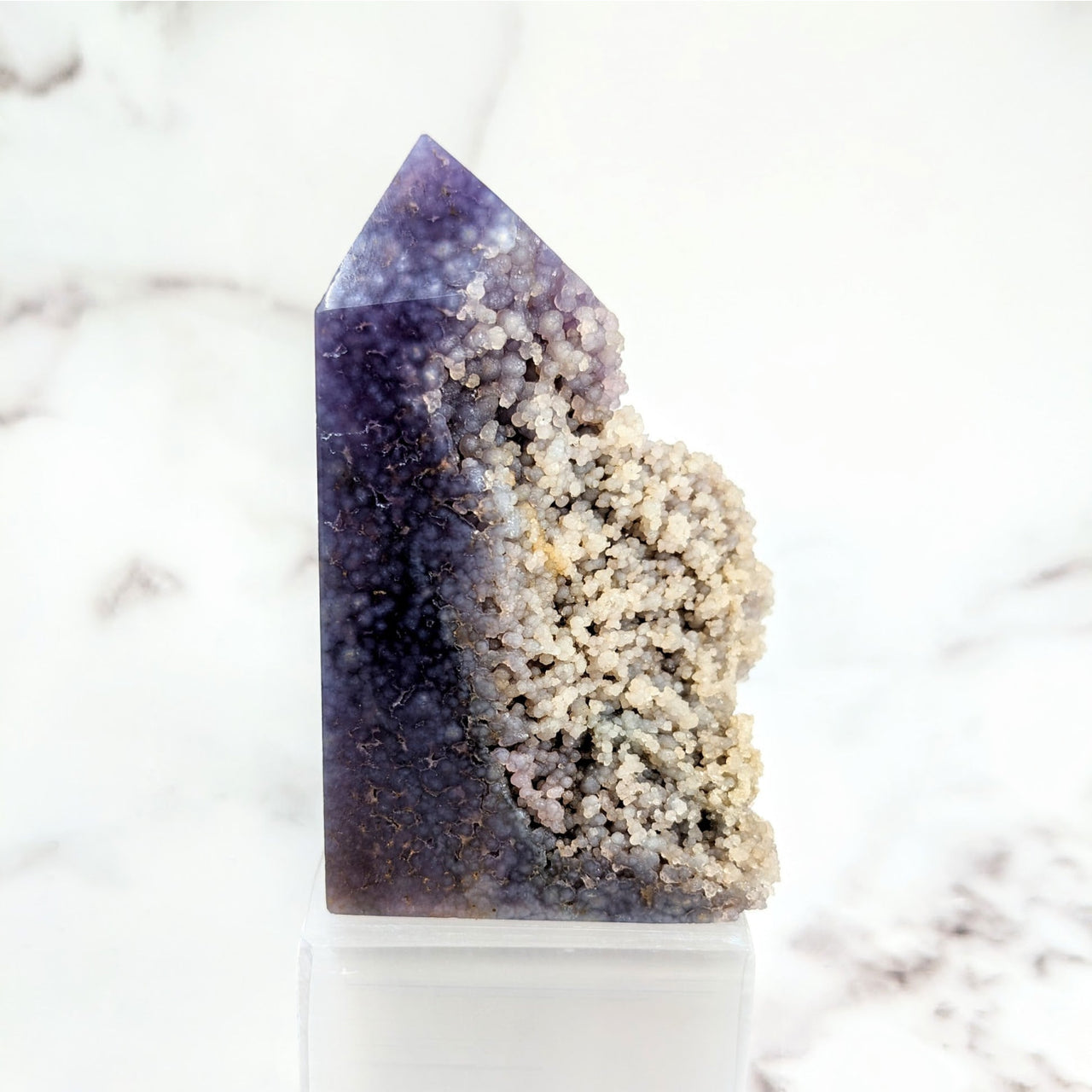 Grape Agate chalcedony quartz point with white base, 3.2’ semi-polished tower #LV2008