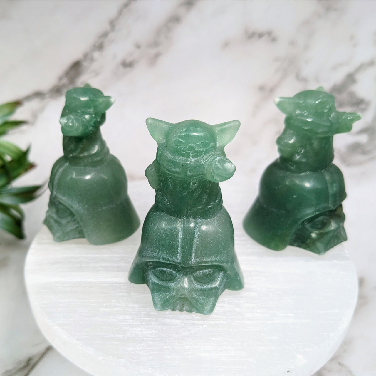 Green Aventurine Jade Cats on Marble Base - Green Aventurine 2’ Baby Yoda on Helmet #LV4202