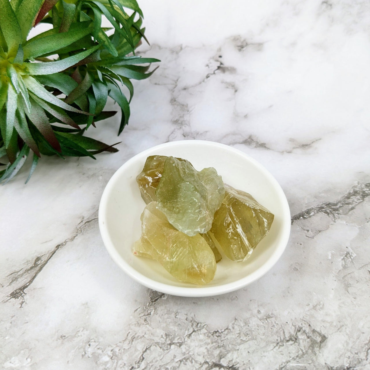 Green Calcite Small 0.8’-1.7’ Rough, Bulk Lot LV4090 in a bowl filled with green sea salt