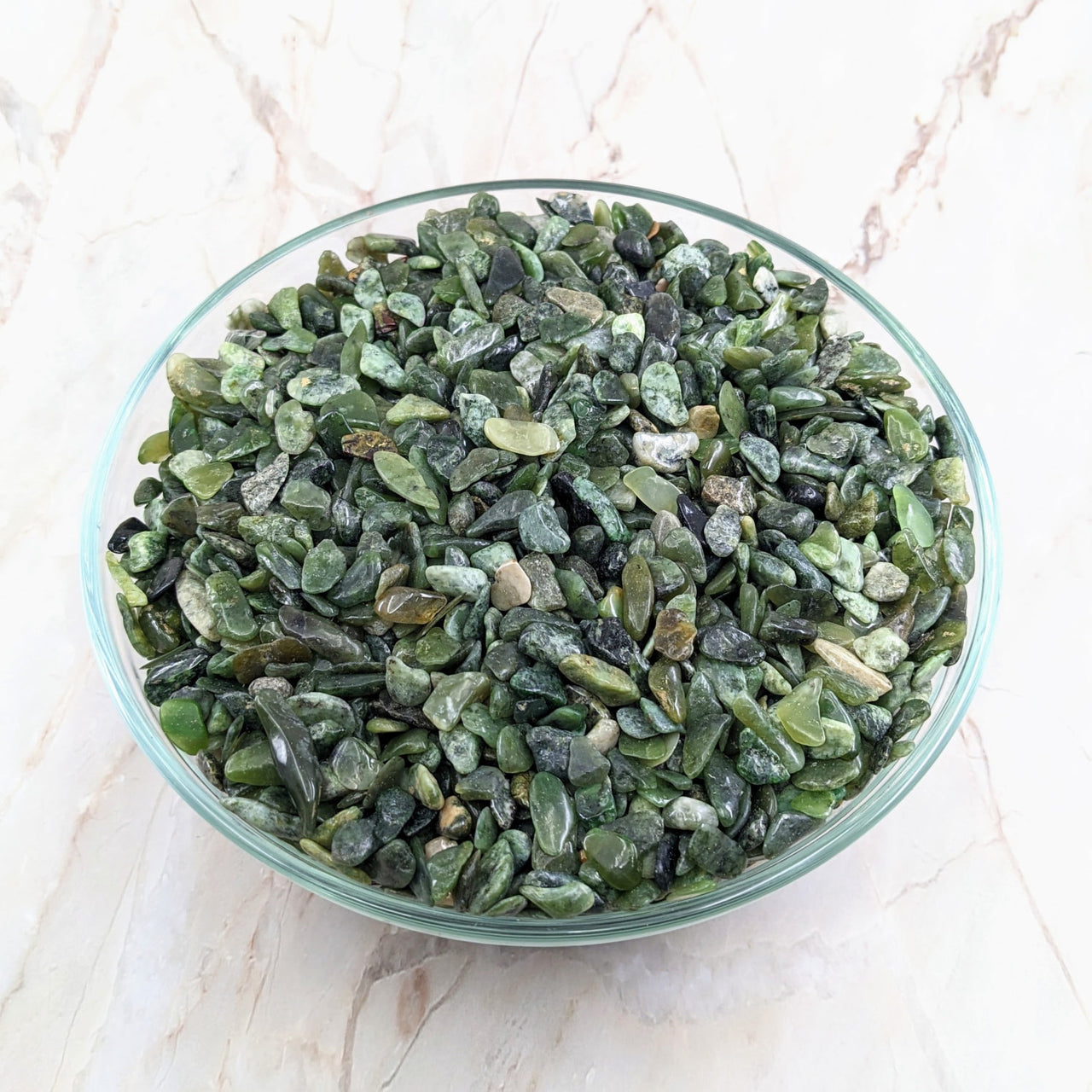 Green Moss Agate Mini Stones in a bowl on marble surface - 28 gm Parcel #MA01