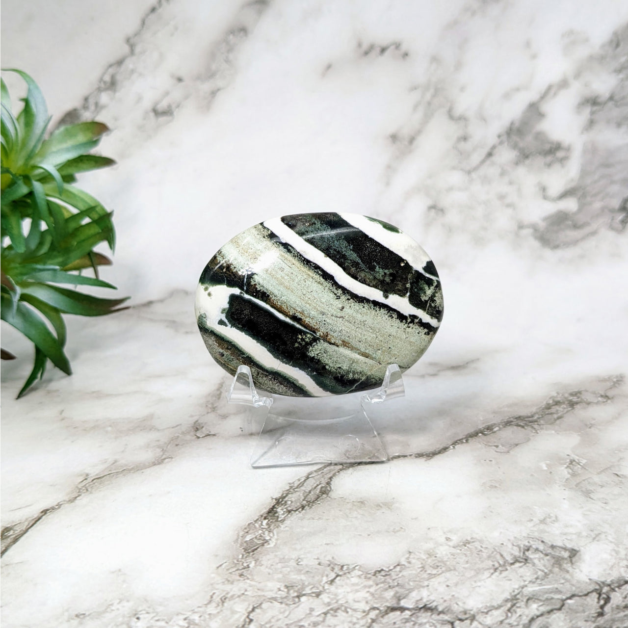 Green Zebra Sardonyx Palm Stone on Marble Table - 2.3’ Palm #LV5164 adds elegance to any decor