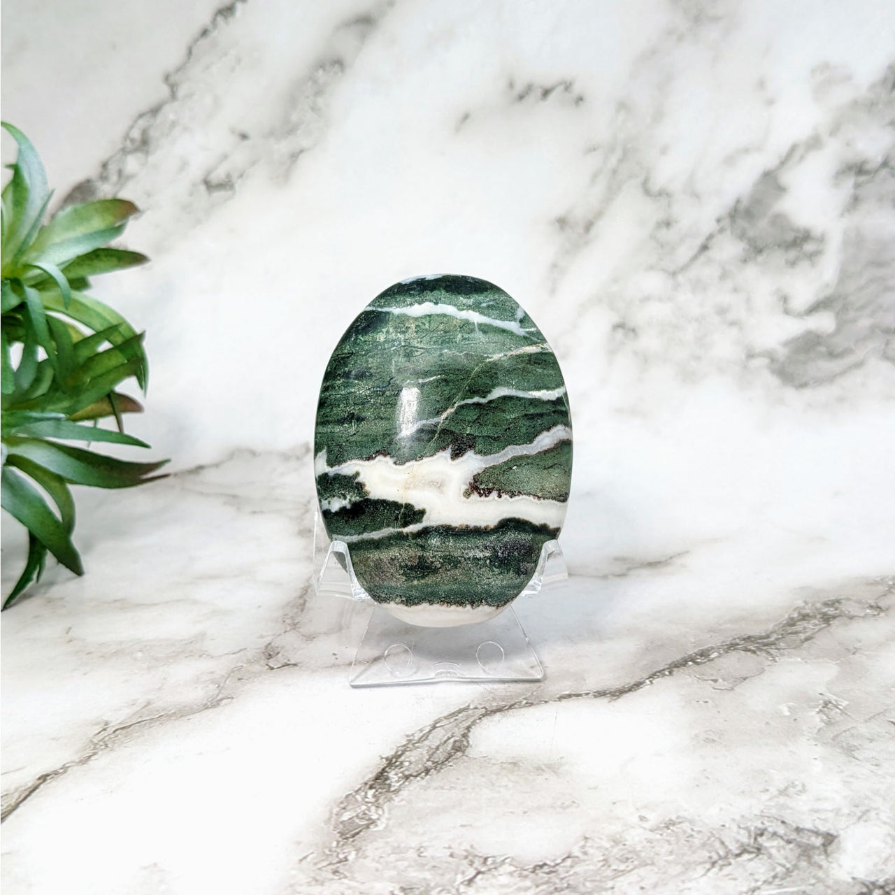 Green Zebra Sardonyx Palm Stone: Green Marble Egg on a Marble Table #LV5165