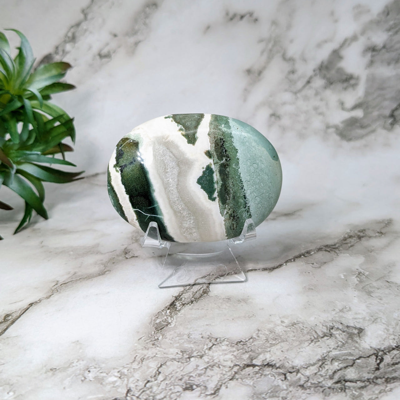 Green Zebra Sardonyx Palm Stone - 2.5’ Marble Sphere with Green and White Striations #LV5162