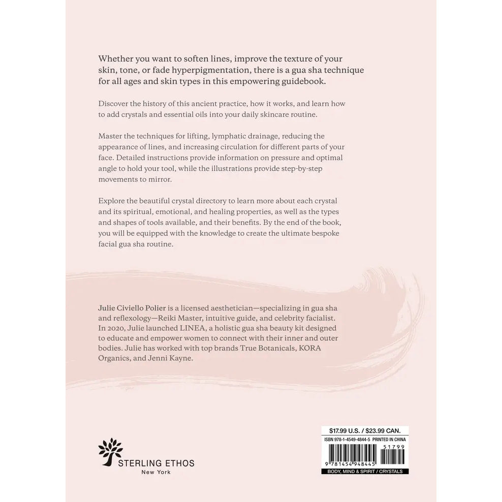 Back cover of ’Gua Sha & Crystal Massage Book’ by Julie Civiello Polier with pink background