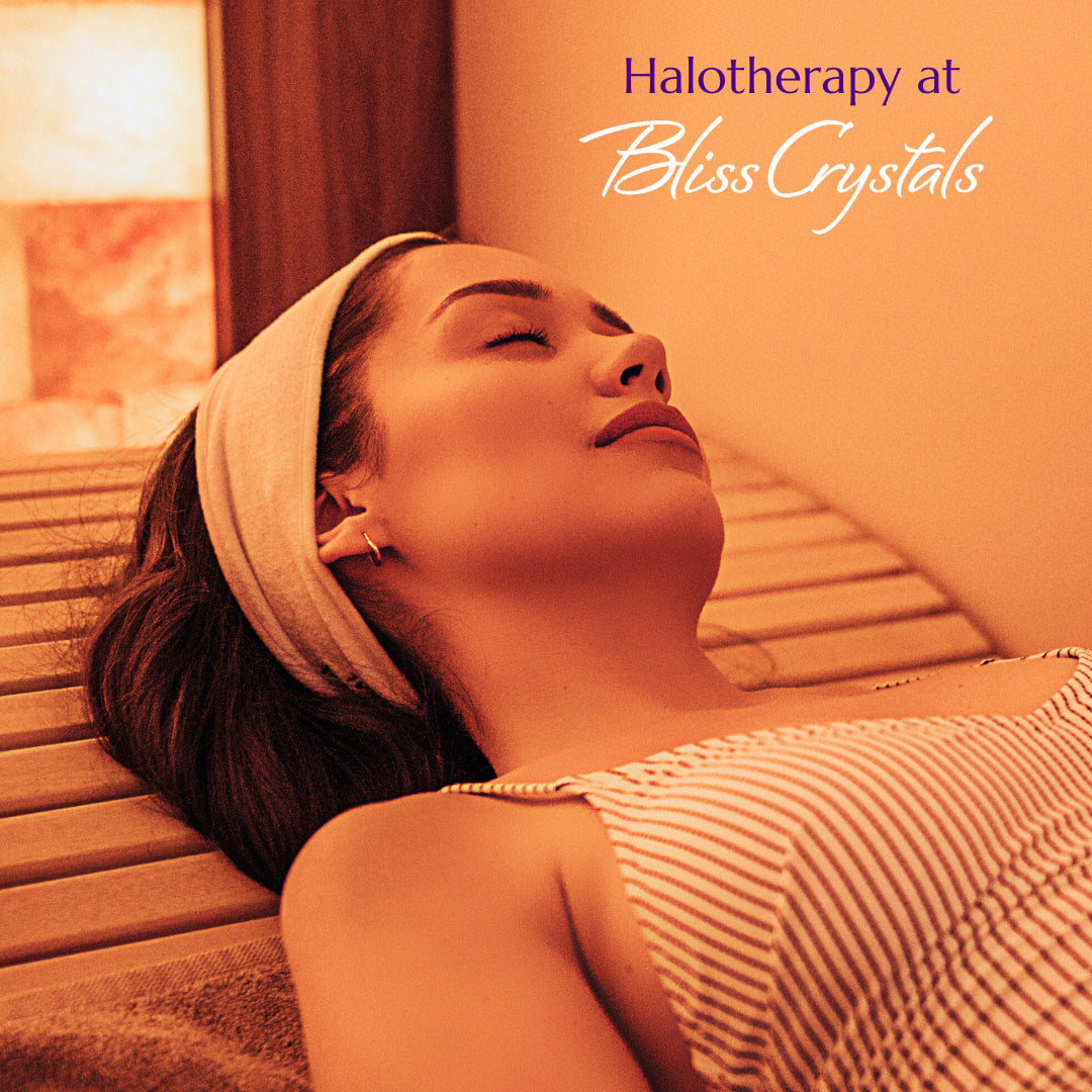 A woman relaxing in a dry salt room at Bliss Crystals, Temecula, California