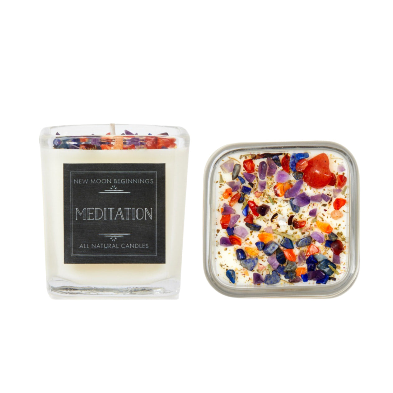 Healing Energy: Glass candle with colorful crystals, soy candle, handmade 7.5oz #LV5485