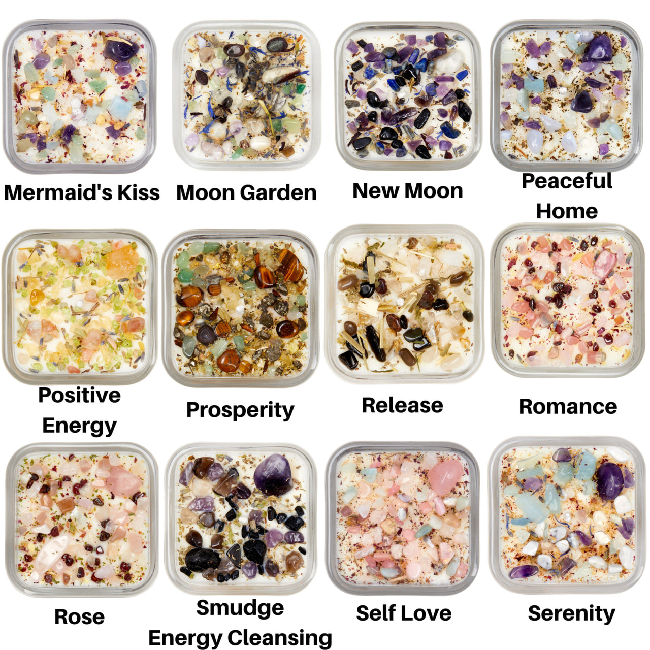 A collection of crystals displayed in Healing Energy candles, boosting wellness and positivity