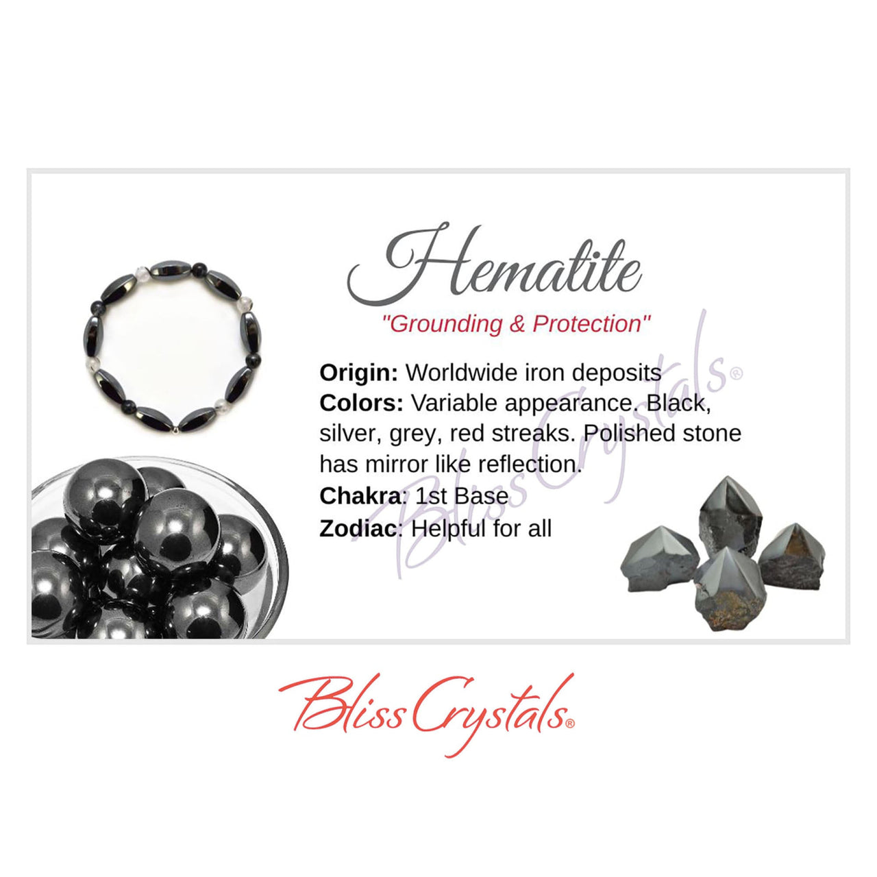 Glass bowl of black hematite crystals from HEMATITE Crystal Information Card, Double sided #HC57