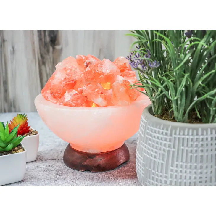 A close up of Himalayan salt next to a potted plant in a ’Fire On Ice’ salt lamp