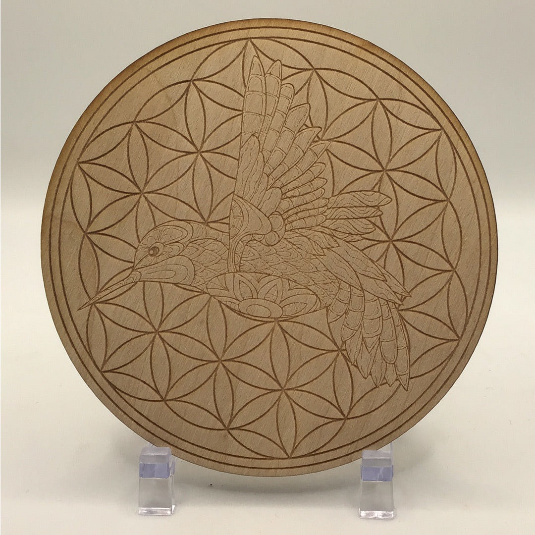 Hummingbird Flower Of Life Etched Wood Grid on a wooden plate - #SK2216