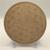 Thumbnail for Hummingbird Flower Of Life Etched Wood Grid on a wooden plate - #SK2216